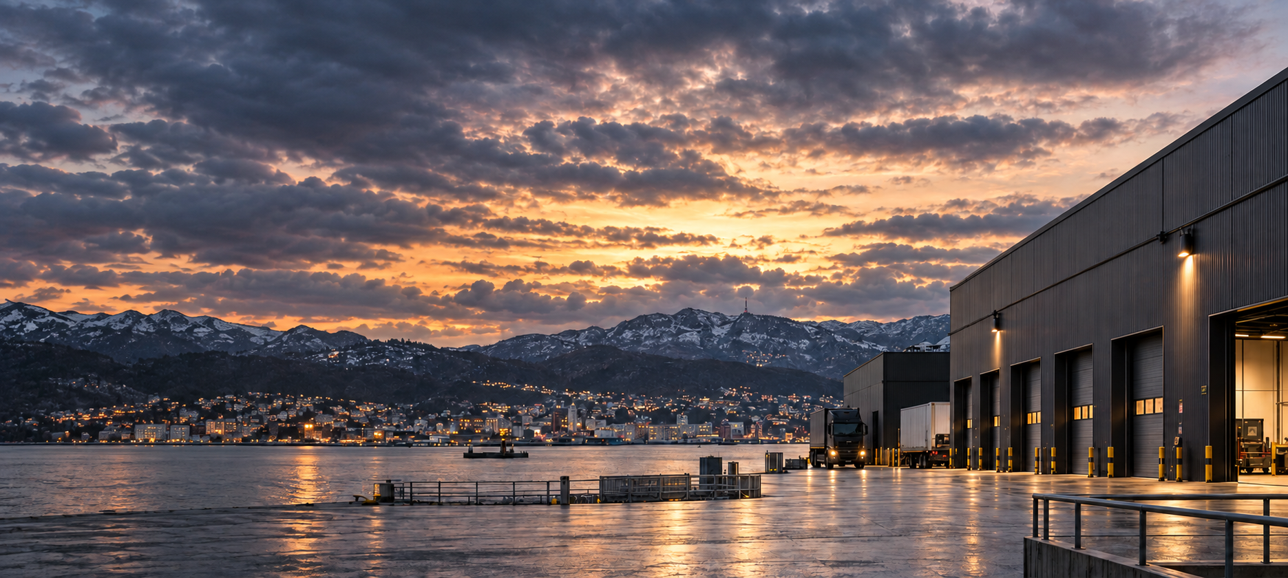 Næringsbygg med lastekai ved fjorden i Bergen-området, med bylys og fjell i kveldslyset
